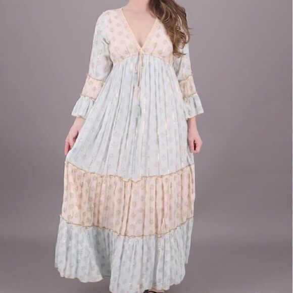 Ditsy Print Boho Beach Wedding Maxi Dress Hippie Gypsy Festival Layered Prairie - Picture 1 of 6